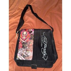 Christian Audigier Black Messenger Bag with Multicolor Tattoo Skull Panel